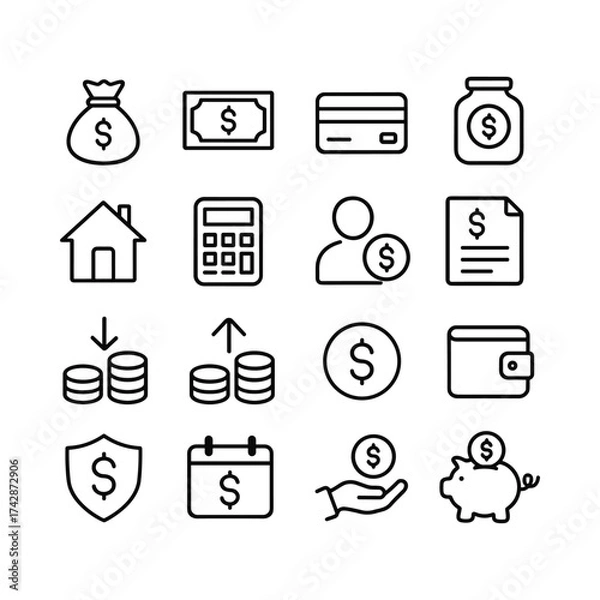 Fototapeta Personal finance vector icons collection. Outline symbols. Line design