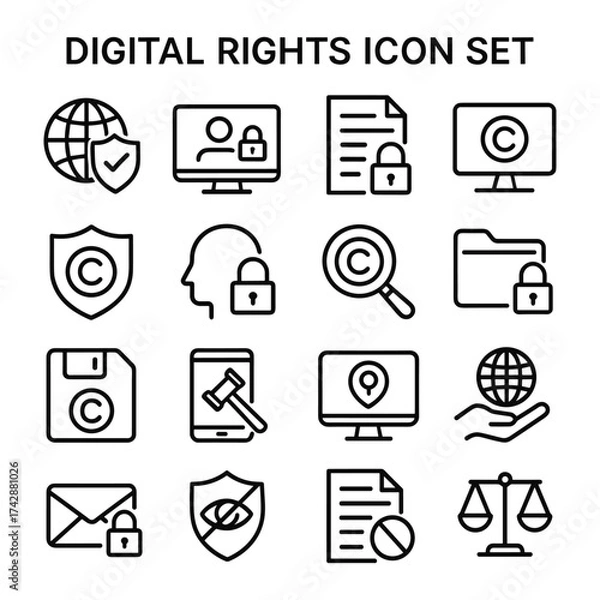 Fototapeta Digital rights vector icons collection. Outline symbols. Line design