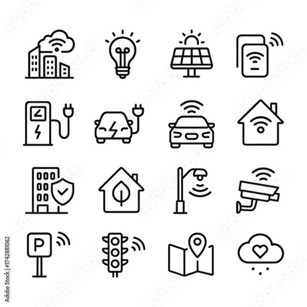 Fototapeta Connected city vector icon collection. Outline symbols. Line design