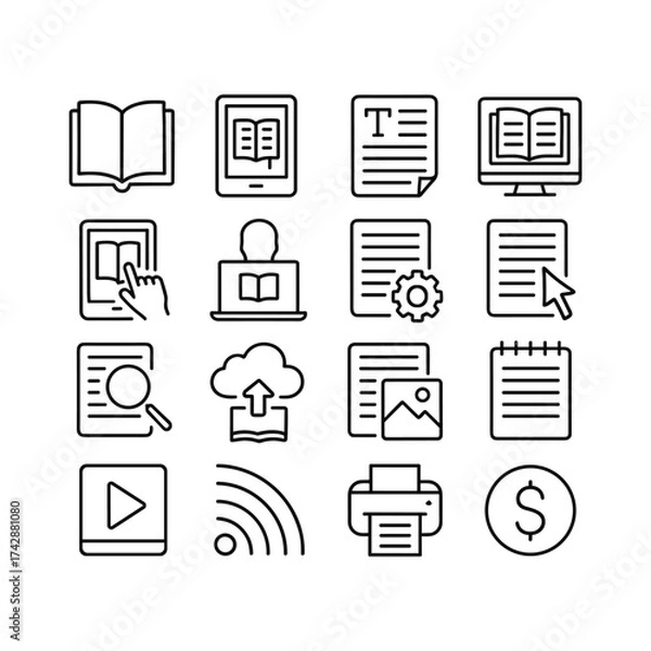 Fototapeta Electronic book publishing vector icons. Outline symbols. Line design