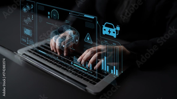 Fototapeta Technical layout of electric vehicle showing battery system, power control, traction motor, charging interface, and integration with renewable and smart energy sources Latch