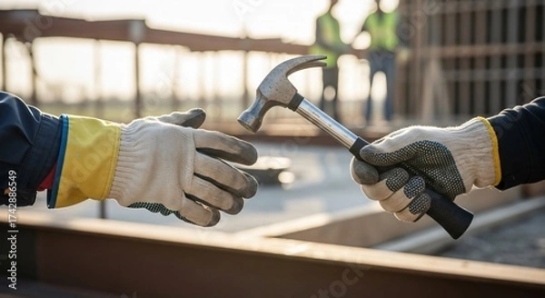 Fototapeta Construction Workers Collaborating and Passing a Hammer, Teamwork and Partnership on a Building Site, A Symbol of Teamwork in Industry