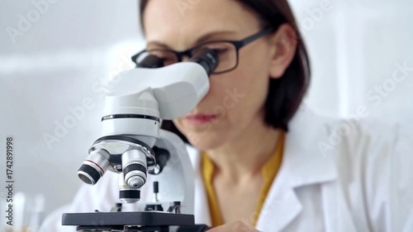 Fototapeta Woman scientist using microscope in laboratory. Microbiology science concept
