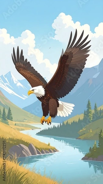 Fototapeta Majestic eagle soaring over a scenic valley