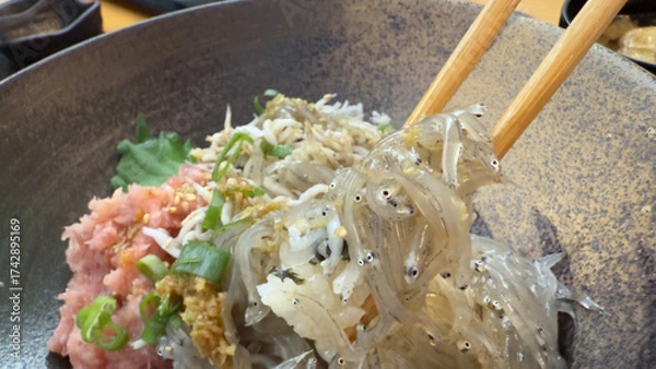 Fototapeta 新鮮な生しらす丼　箸ですくう