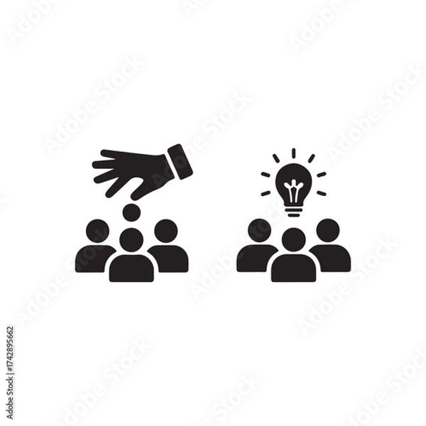 Fototapeta A hand placing a lightbulb above a group of people s heads