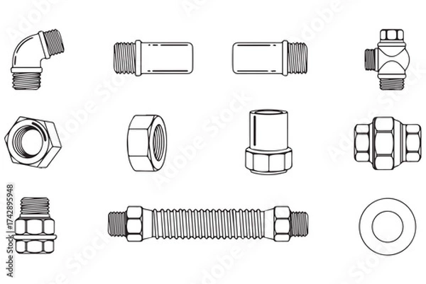 Fototapeta Collection of plumbing fittings and connectors isolated on transparent background