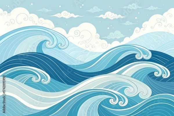 Fototapeta Waves Rolling Under a Clear Sky With Soft Clouds Above the Ocean