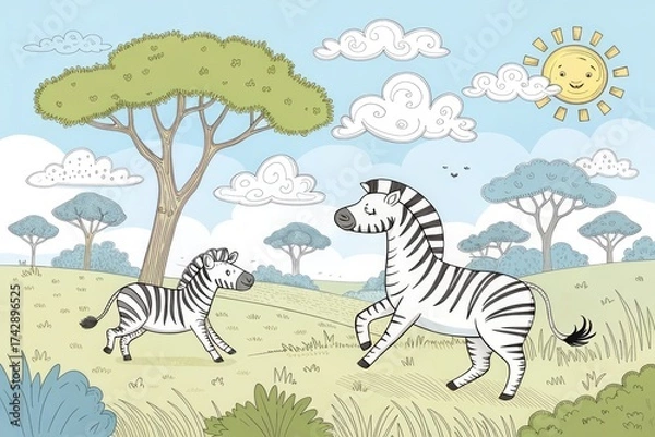 Fototapeta Zebras Running in a Sunny Landscape With Trees and Clouds
