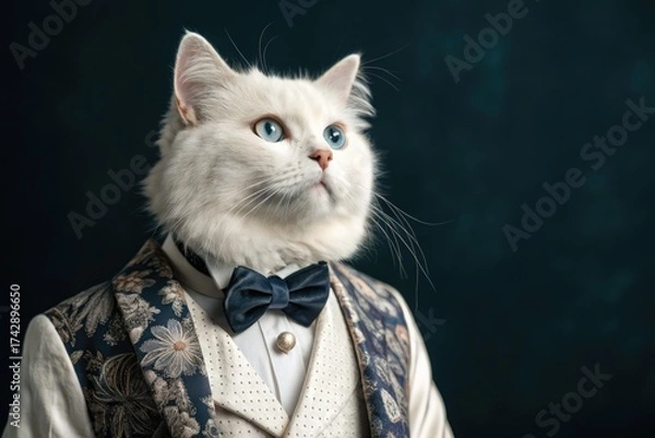 Fototapeta Elegant White Cat Wearing a Bow Tie and Tuxedo in a Studio Setting