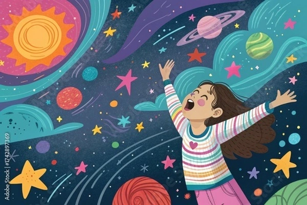 Fototapeta Joyful Girl Exploring a Colorful Space Filled With Stars and Planets