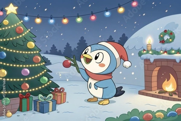 Fototapeta Festive Winter Scene With a Cheerful Penguin Decorating a Christmas Tree