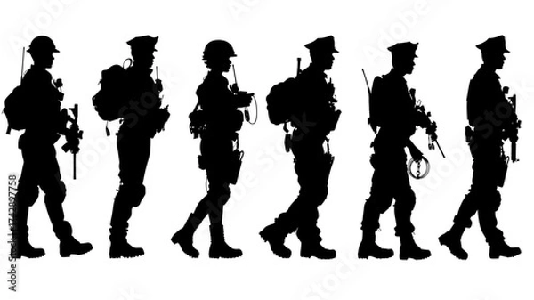Fototapeta Collection of police officer silhouettes showcasing various poses and activities in a 2D vector style