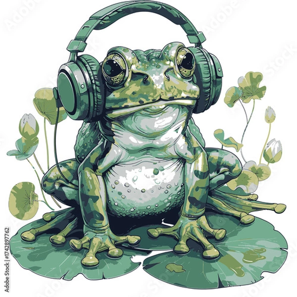 Fototapeta Frog enjoying music with headphones while sitting on lily pads in a serene environment