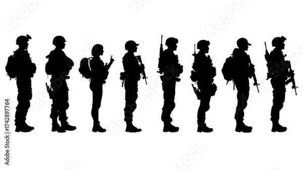 Fototapeta Collection of police officer silhouettes showing various poses and stances for design projects and creative applications