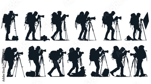 Fototapeta Collection of silhouettes depicting photographers capturing outdoor scenes with tripods and equipment in a minimalist vector design