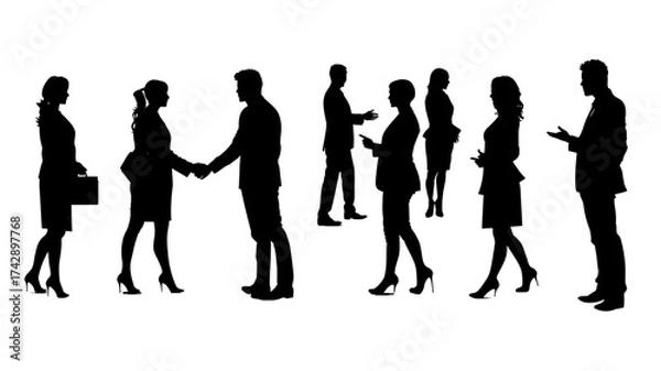Fototapeta Sales representatives networking and engaging in business conversations during a professional event, showcasing various silhouettes in a modern style