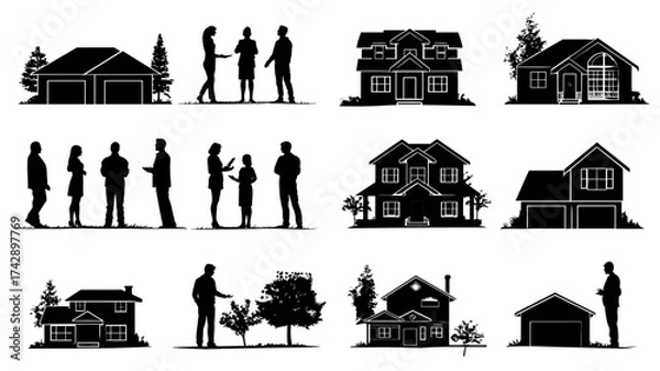 Fototapeta Collection of real estate agent silhouettes interacting with clients and homes in a simple vector design for marketing use