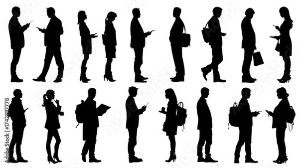 Fototapeta Silhouettes of sales representatives engaged in various activities, showcasing a diverse group in professional settings