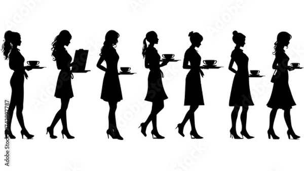 Fototapeta Collection of waiter and waitress silhouettes designed for restaurant or cafe themes in simple vector style