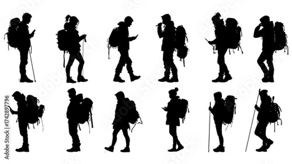 Fototapeta Silhouettes of diverse UIUX designers engaged in various activities with backpacks in a creative workspace