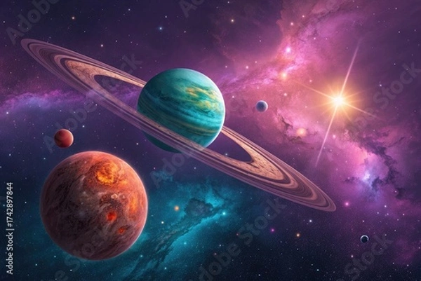 Fototapeta Colorful Cosmic Scene Featuring Planets in a Vibrant Galaxy With Bright Stars