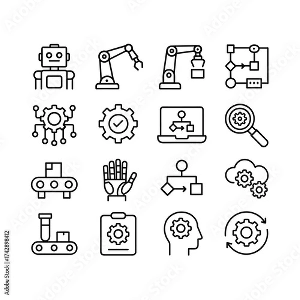 Fototapeta Robotics process automation vector icon collection. Outline symbols. Line design