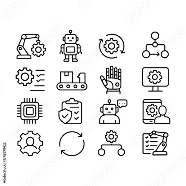 Fototapeta Robotic workflow automation icon set. Outline symbols. Line design