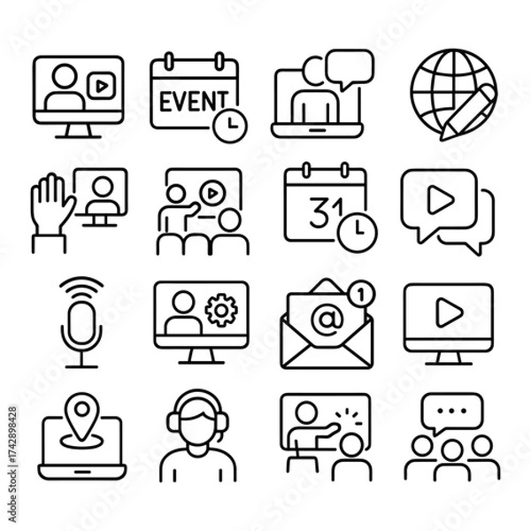Fototapeta Virtual online event management icons. Outline symbols. Line design