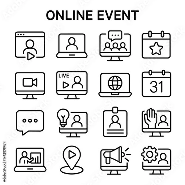 Fototapeta Digital conference webinar vector icons. Outline symbols. Line design