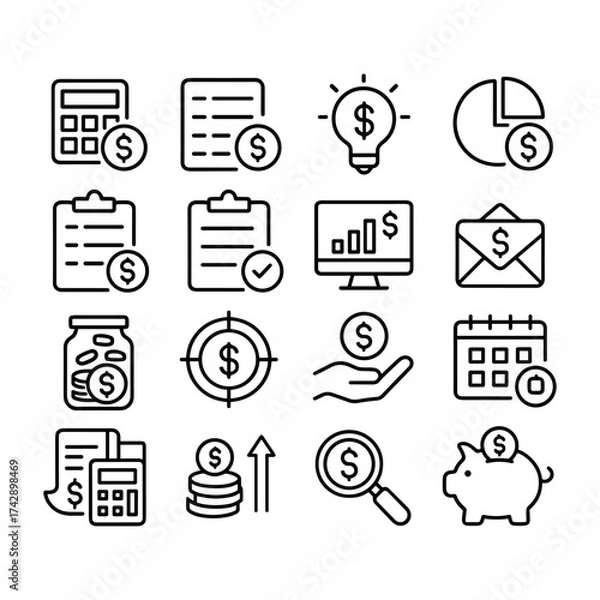 Fototapeta Money management vector icon collection. Outline symbols. Line design
