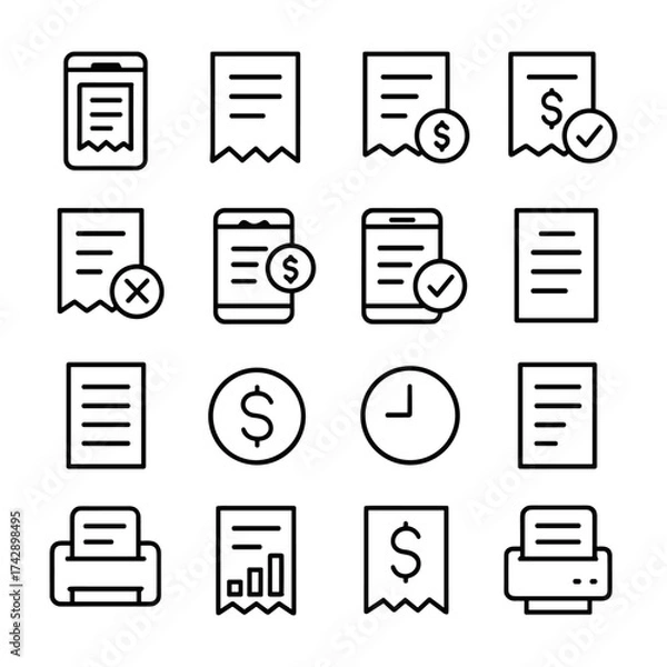Fototapeta Electronic receipt vector icon set. Outline symbols. Line design