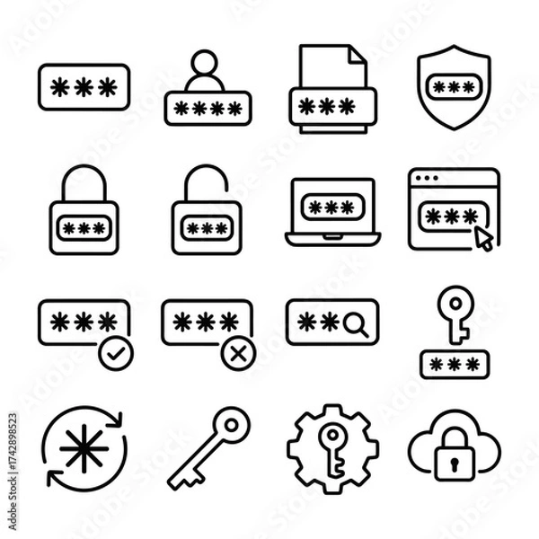Fototapeta Cyber security vector icon collection. Outline symbols. Line design