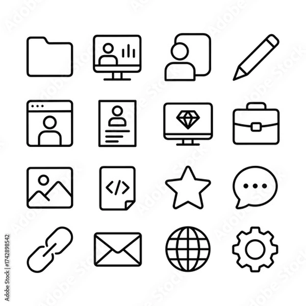 Fototapeta Portfolio showcase vector symbols. Outline symbols. Line design