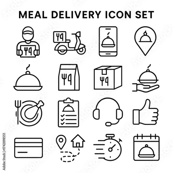 Fototapeta Takeout delivery icon collection. Outline symbols. Line design