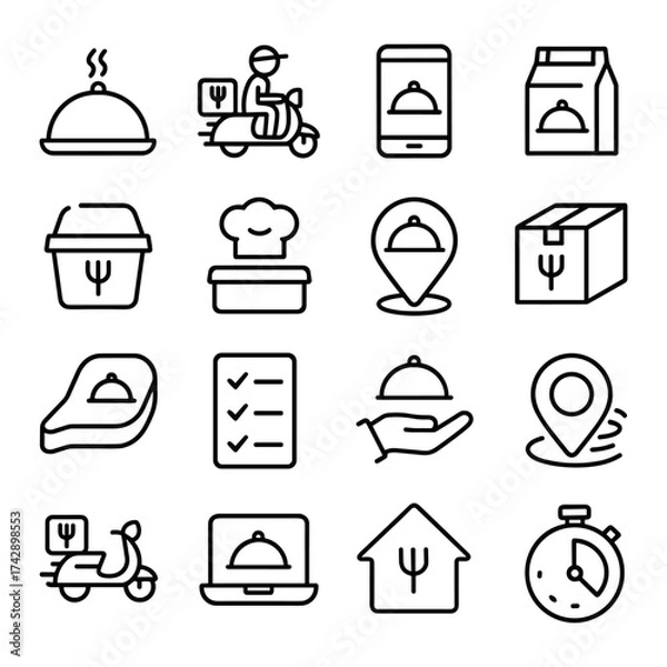 Fototapeta Restaurant delivery vector symbols. Outline symbols. Line design