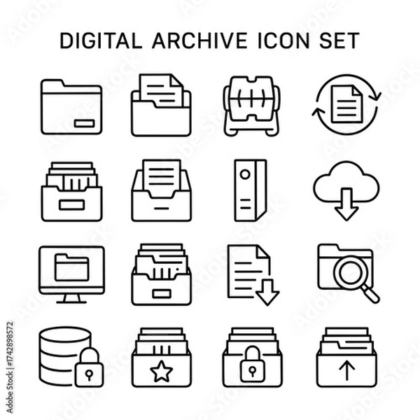 Fototapeta Digital archive storage icons. Outline symbols. Line design