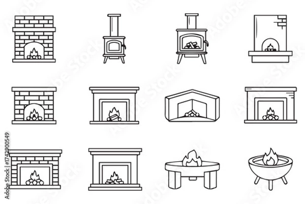 Fototapeta Various styles of fireplaces and woodburning stoves, including brick, modern, and outdoor fire pit designs isolated on transparent background