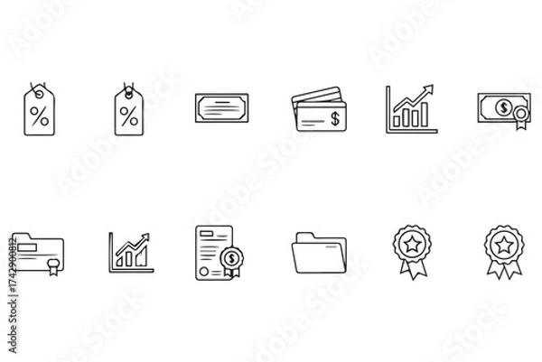 Fototapeta Set of financial and business icons including tags, credit cards, charts, money, documents, and awards, isolated on transparent background