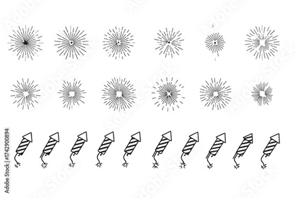 Fototapeta Collection of firework illustrations and rockets isolated on transparent background