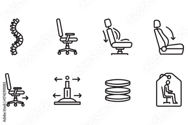 Fototapeta Collection of ergonomic office chair icons and spine health symbols, isolated on transparent background