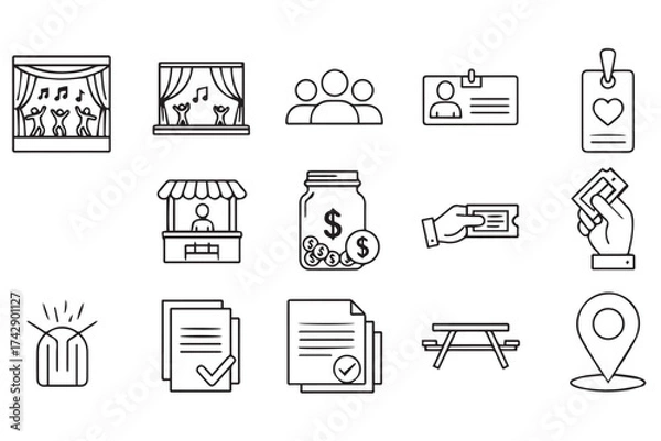 Obraz Collection of line art icons representing event management, ticketing, and audience engagement, isolated on transparent background