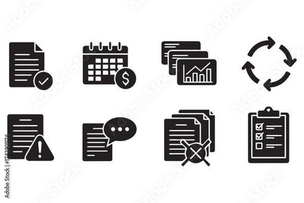 Fototapeta Set of solid black icons depicting business and project management tasks, isolated on transparent background