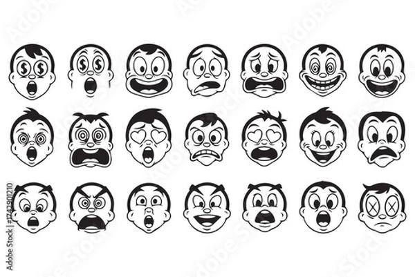 Fototapeta Array of cartoonstyle face icons expressing a wide range of emotions and reactions, isolated on transparent background