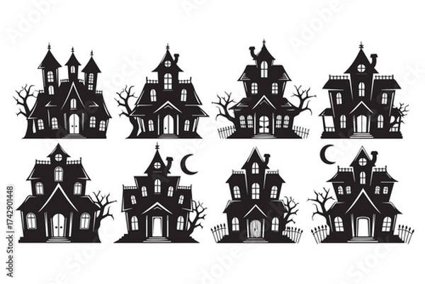 Fototapeta Collection of spooky haunted house silhouettes with full moon and bare trees, perfect for halloween themes isolated on transparent background