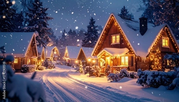 Fototapeta Snowy winter village at night with glowing windows and falling snow — cozy Christmas scene