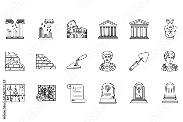 Fototapeta Collection of line art icons representing ancient ruins, architecture, artifacts, and historical figures, isolated on transparent background