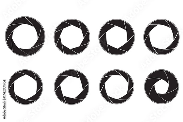 Fototapeta A set of eight black camera aperture icons in different stages of opening, isolated on transparent background