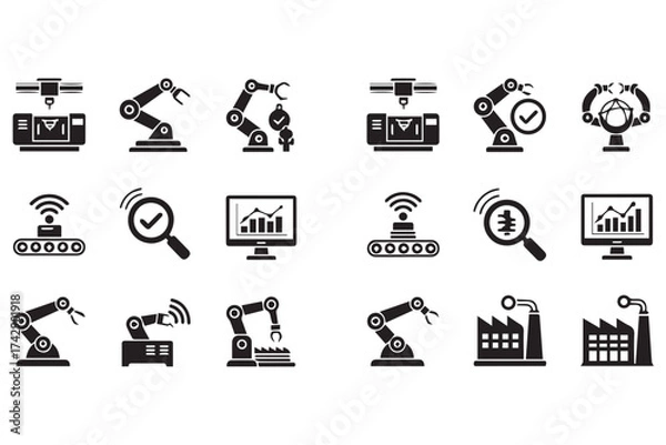 Fototapeta Collection of industrial automation icons including robotic arms, conveyor belts, and factory elements, isolated on transparent background
