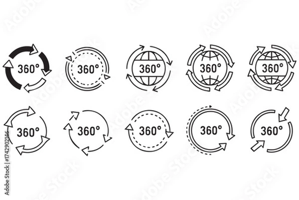 Fototapeta Set of 360degree rotation icons with arrows and globe elements, isolated on transparent background